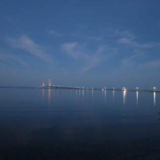 Mackinaw Bridge at night with the lights on. Photo by Jelane A. Kennedy